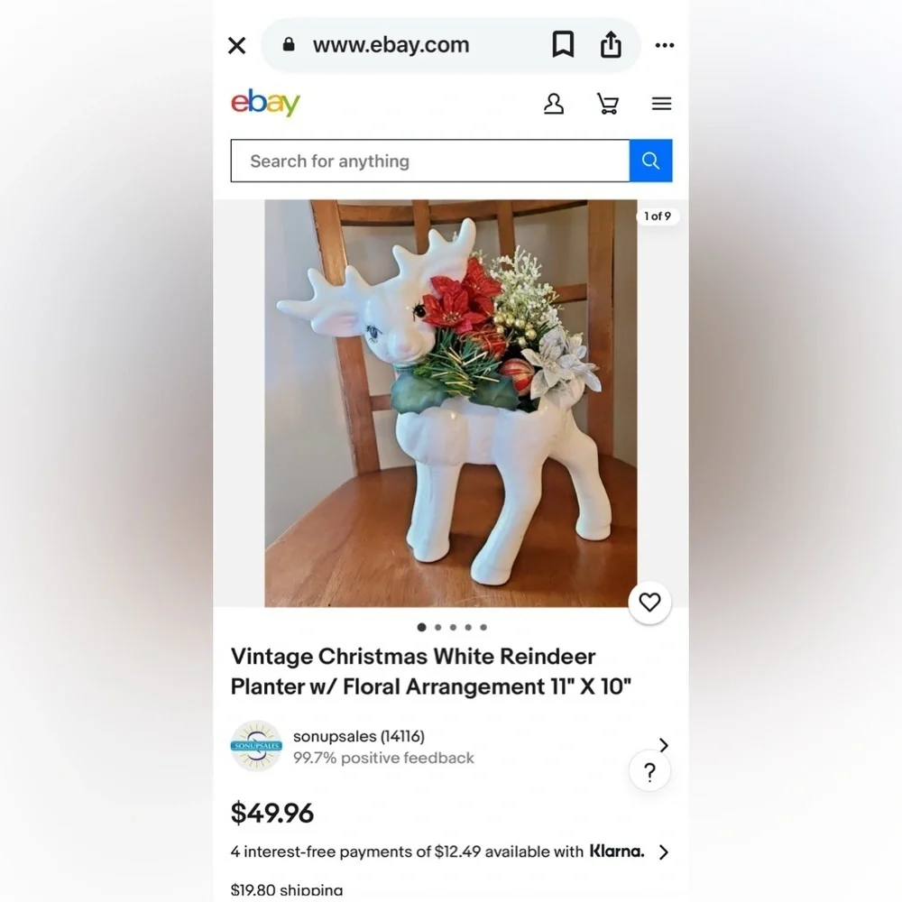 1990’s White Ceramic Reindeer Planter with Gold Bow & Greenery EUC